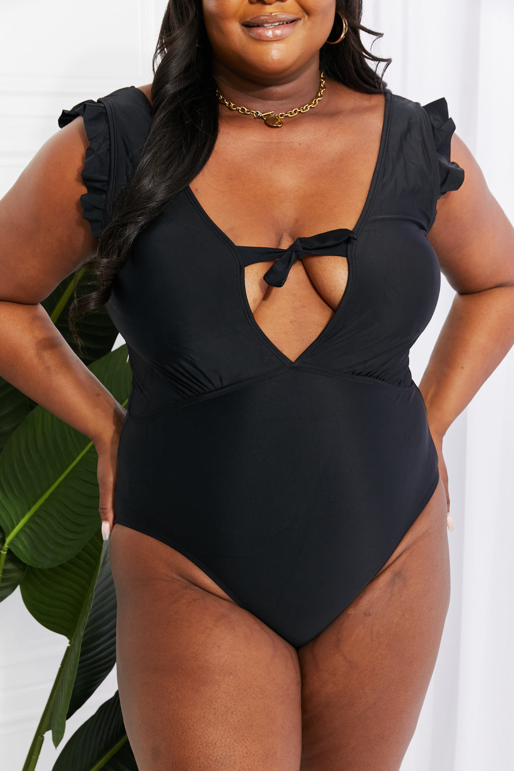 Marina West Swim Seashell Ruffle Sleeve One-Piece in Black - House of Binx 