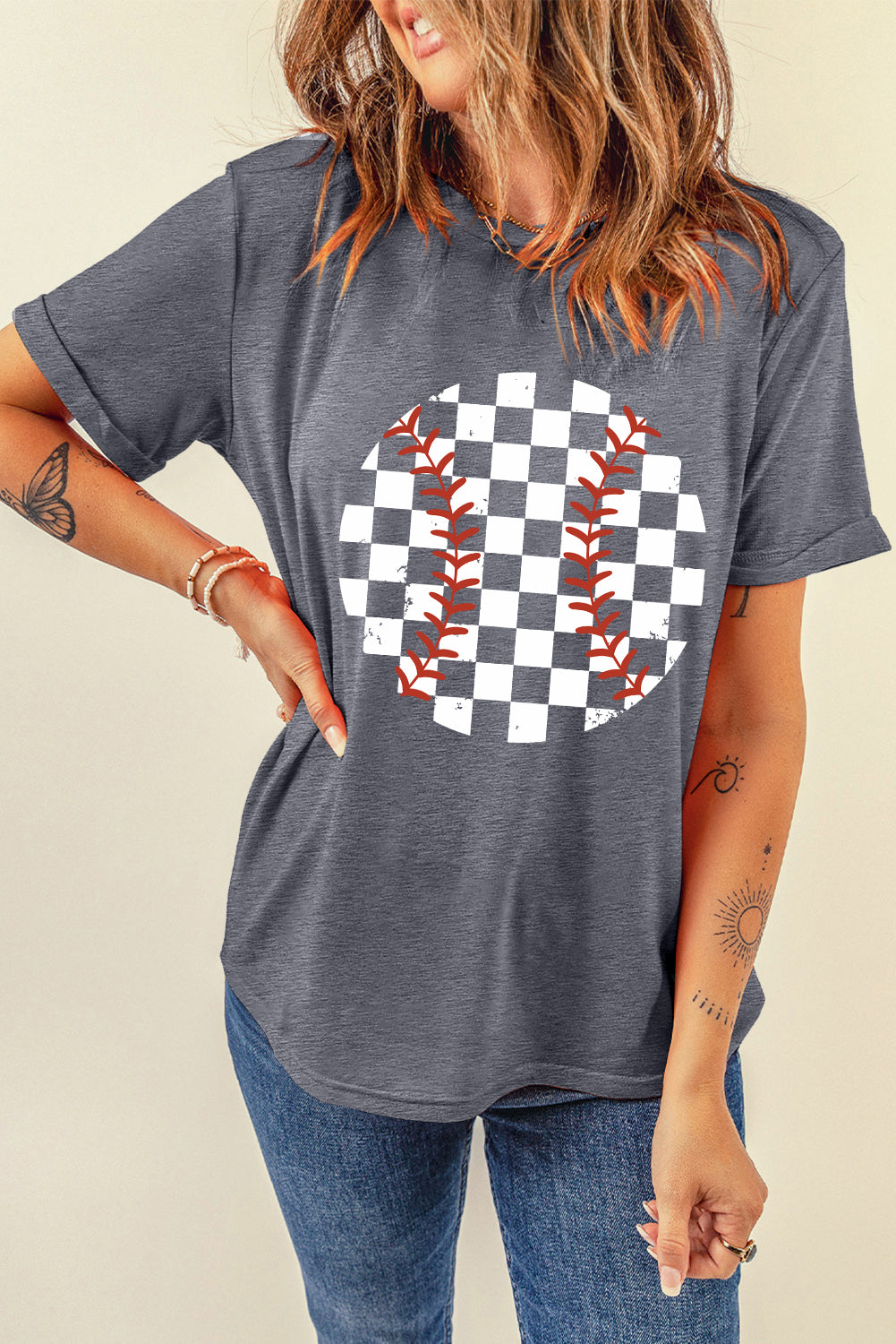 Checkered Graphic Round Neck Short Sleeve T-Shirt - House of Binx 