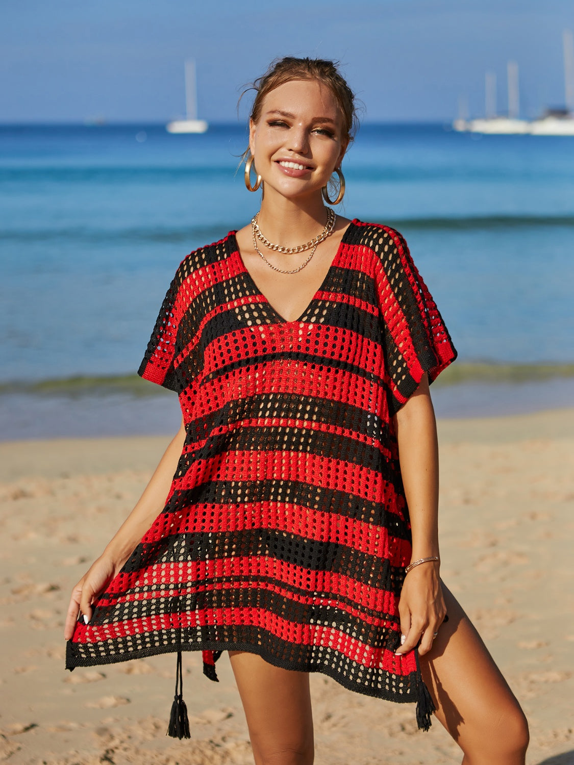 Tassel Openwork Striped V-Neck Cover Up - House of Binx 