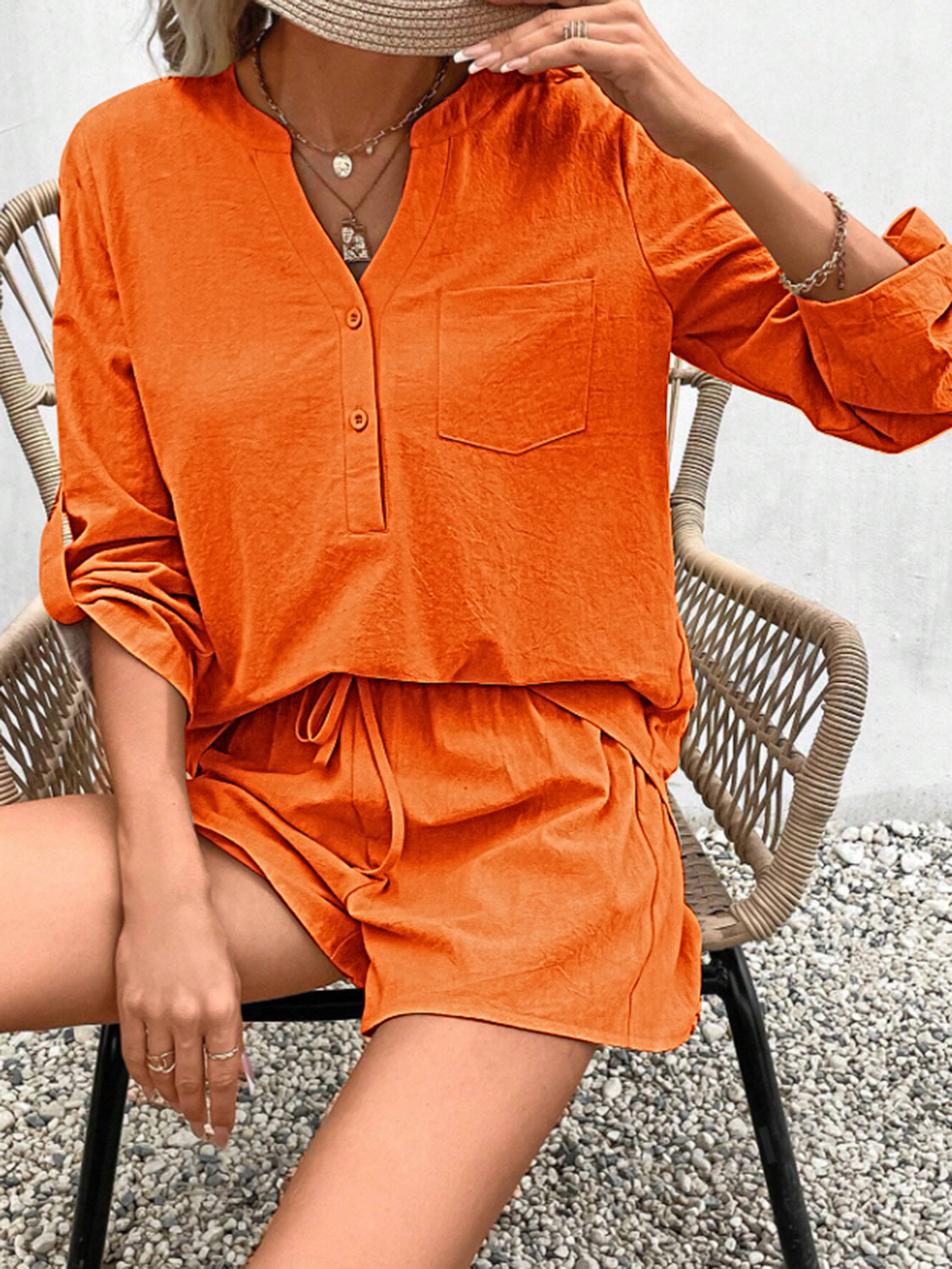 Notched Long Sleeve Top and Shorts Set - House of Binx 