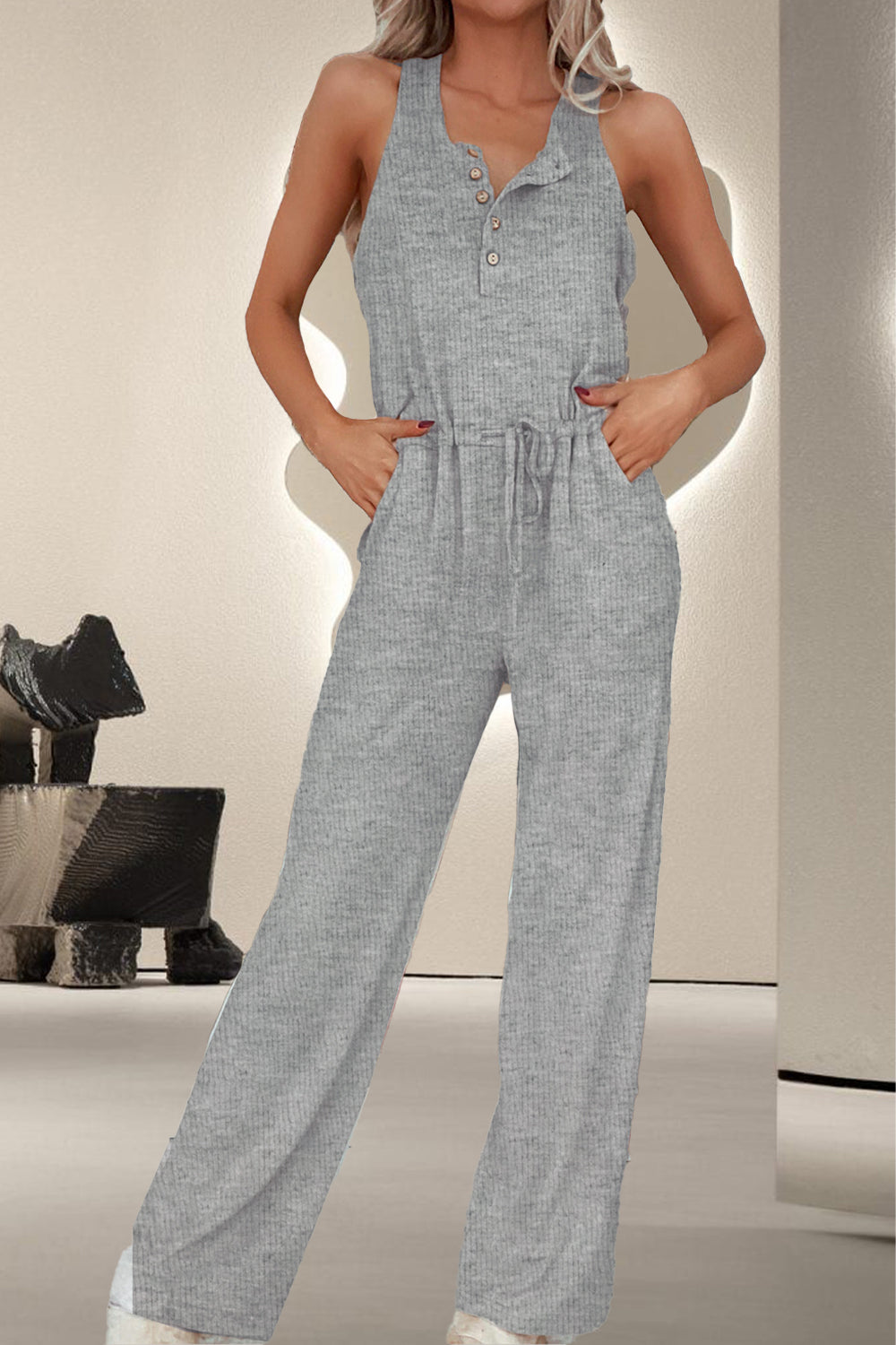 Drawstring Quarter Button Wide Strap Jumpsuit - House of Binx 