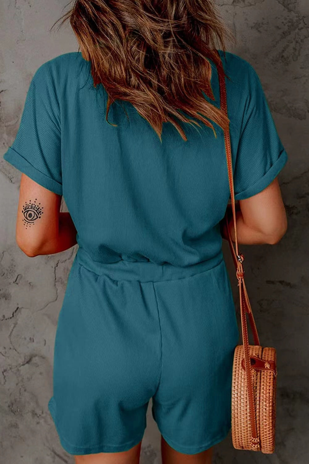 Full Size Drawstring V-Neck Short Sleeve Romper - House of Binx 