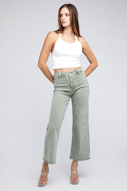 Acid Wash Frayed Cutoff Hem Straight Wide Pants - House of Binx 