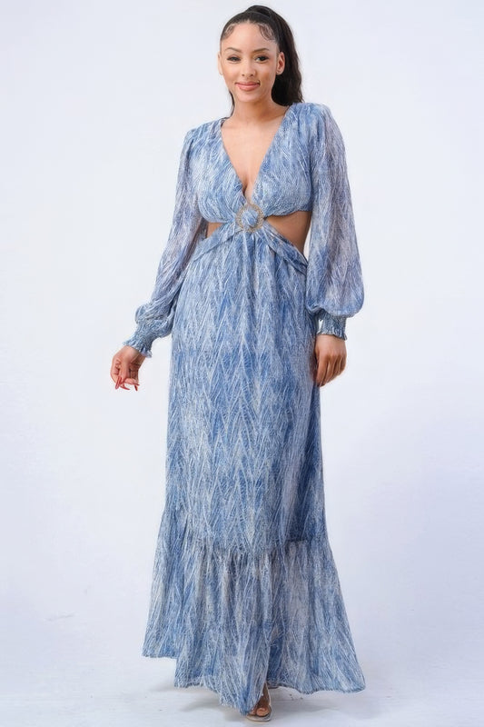Printed V Neck Self Belted Side Cut Out Ruffled Maxi Dress - House of Binx 