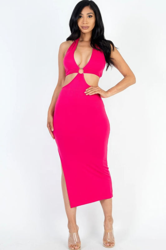 Cut-out Halter Neck Double Back Tie Split Thigh Midi Dress - House of Binx 