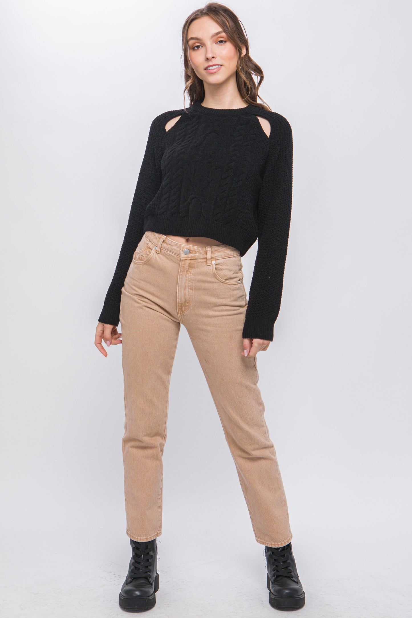 Knit Pullover Sweater With Cold Shoulder Detail - House of Binx 