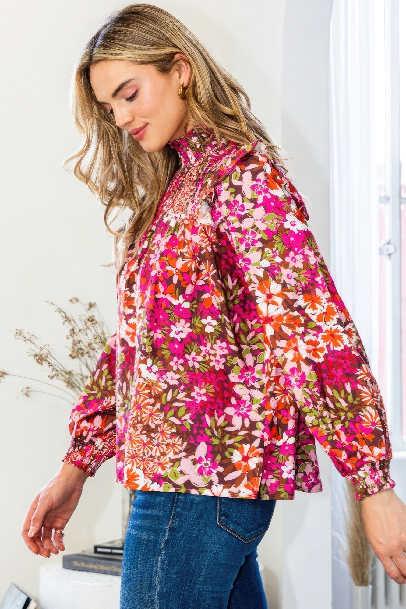 Floral Mock Neck Smocked Yoke Blouse - House of Binx 