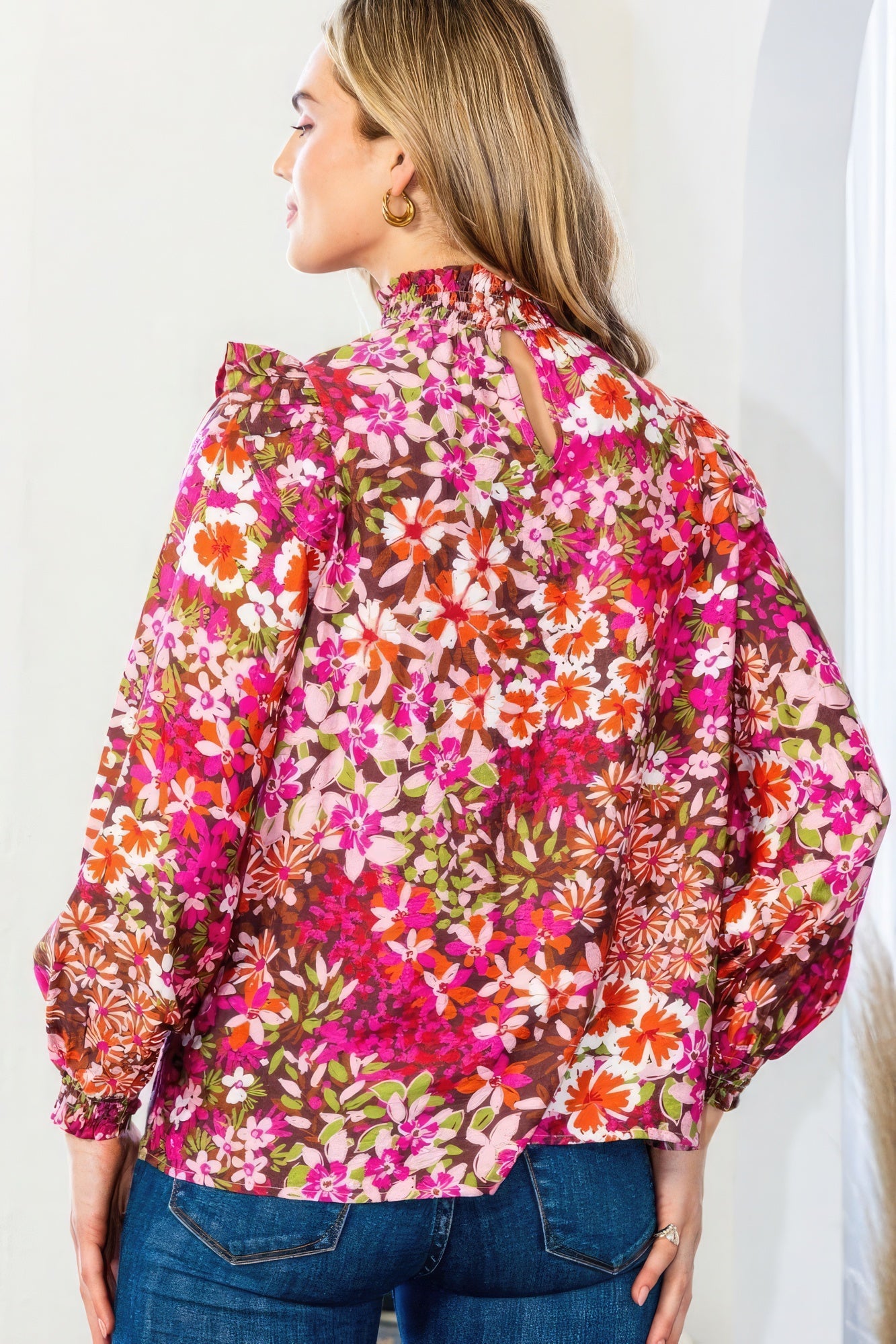 Floral Mock Neck Smocked Yoke Blouse - House of Binx 