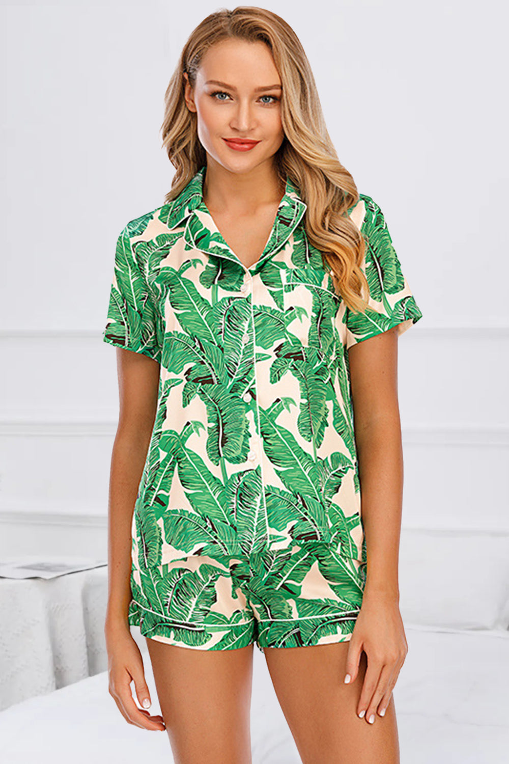 Printed Button Up Short Sleeve Top and Shorts Lounge Set - House of Binx 