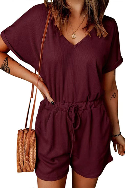 Full Size Drawstring V-Neck Short Sleeve Romper - House of Binx 