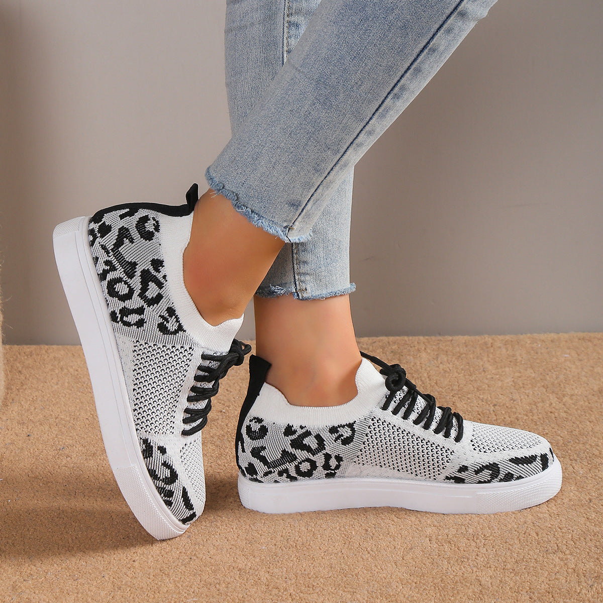 Lace-Up Leopard Flat Sneakers - House of Binx 