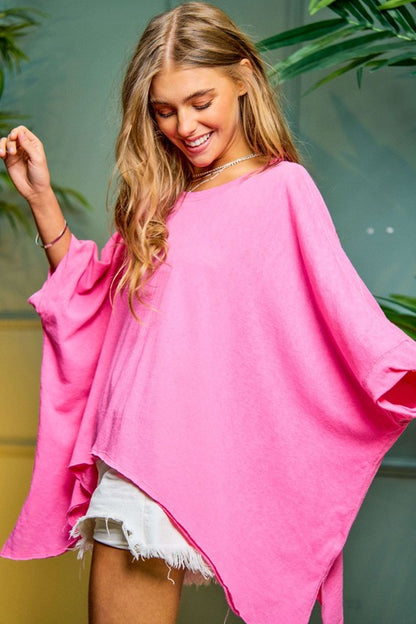 Solid Round Neck Loose Fit Kimono Sleeve Sweater - House of Binx 