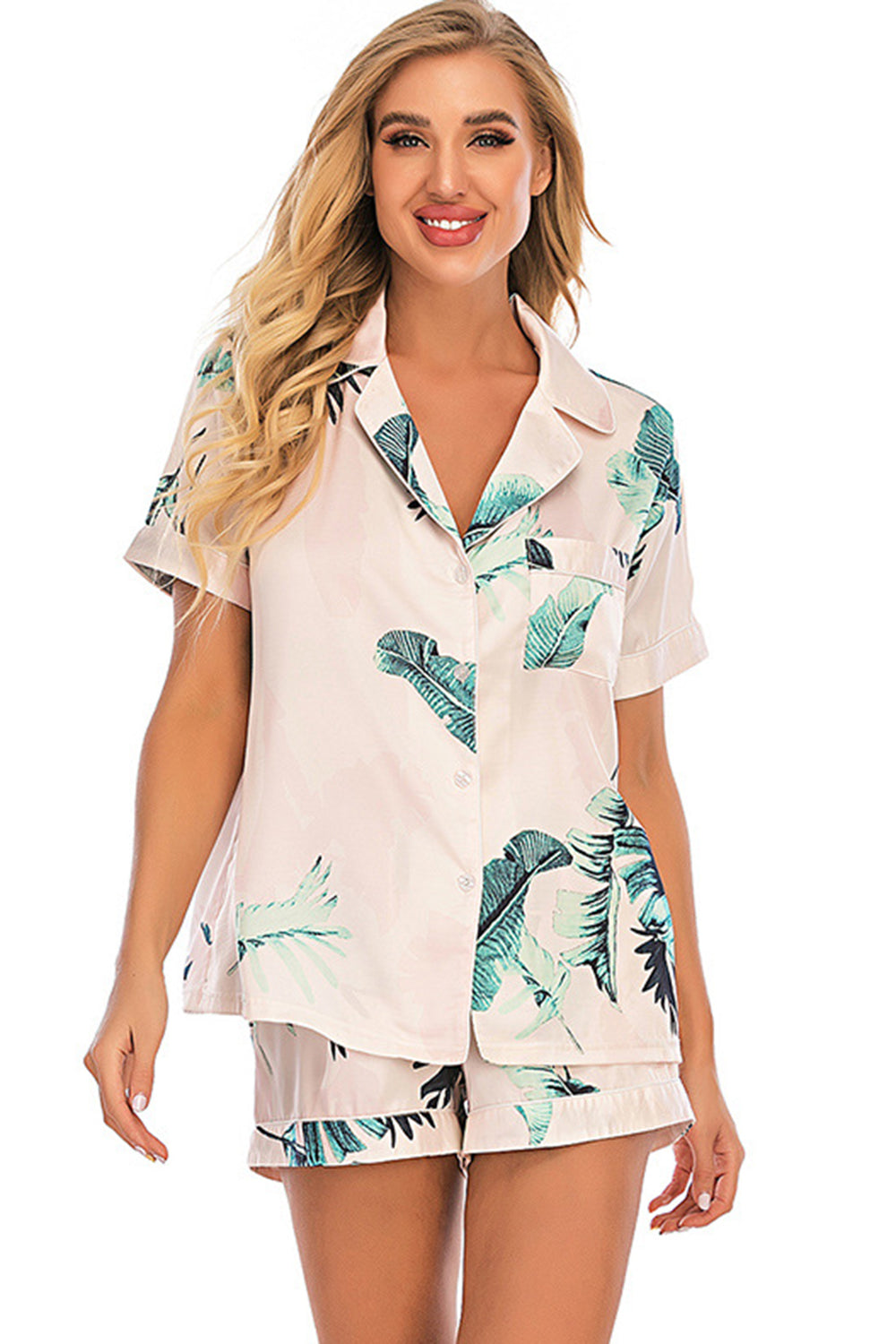 Printed Button Up Short Sleeve Top and Shorts Lounge Set - House of Binx 