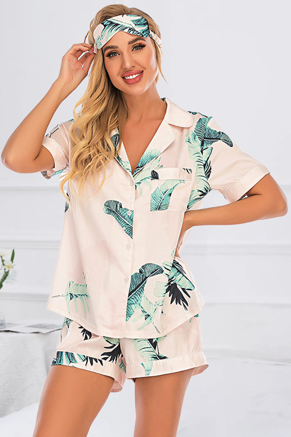 Printed Button Up Short Sleeve Top and Shorts Lounge Set - House of Binx 