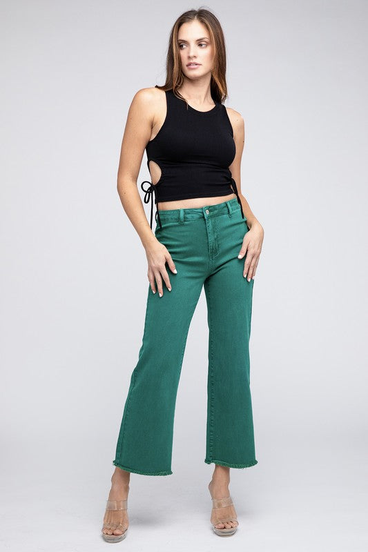 Acid Wash Frayed Cutoff Hem Straight Wide Pants - House of Binx 