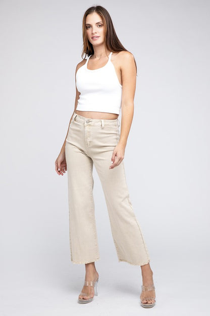 Acid Wash Frayed Cutoff Hem Straight Wide Pants - House of Binx 