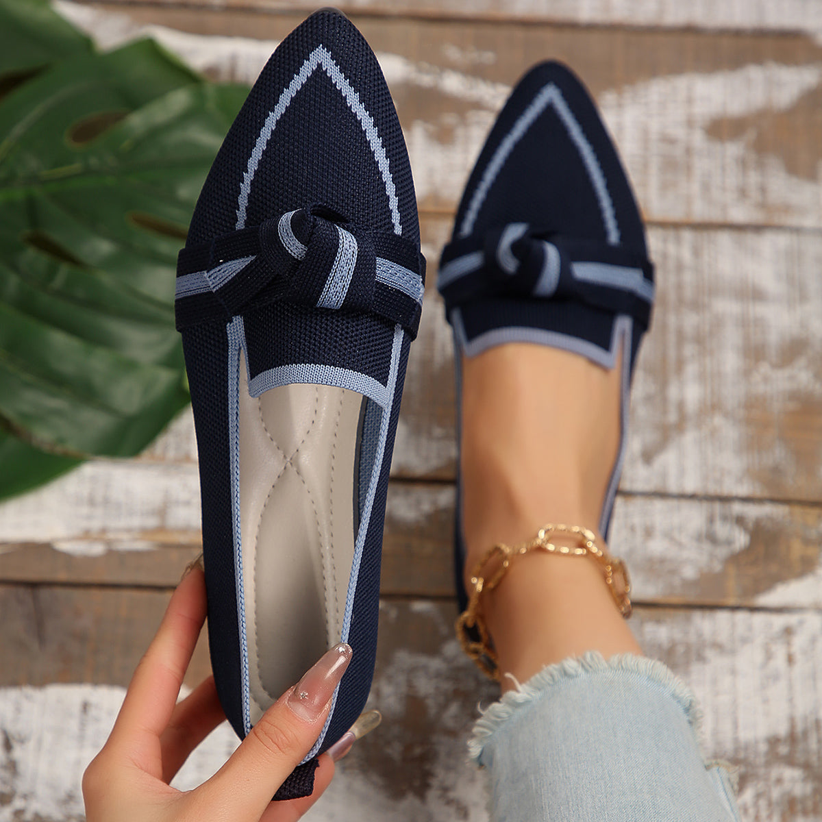 Bow Contrast Trim Point Toe Loafers - House of Binx 