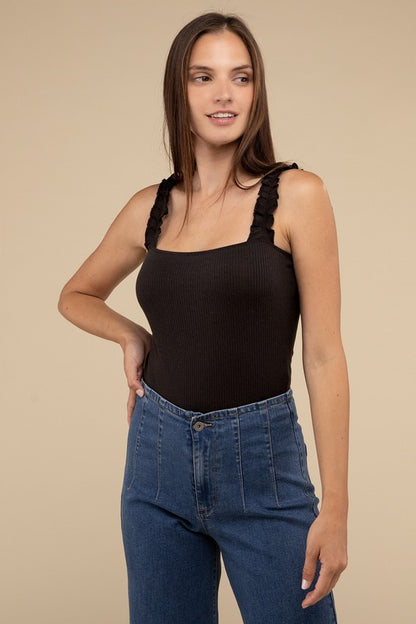 Ribbed Ruffle Strap Bodysuit - House of Binx 