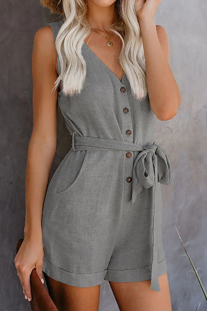 Full Size Tied V-Neck Sleeveless Romper with Pockets - House of Binx 