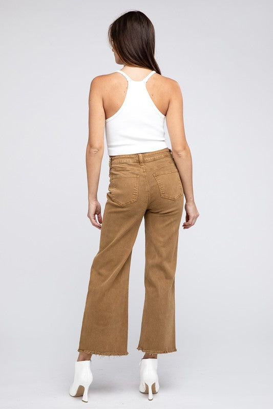 Acid Wash Frayed Cutoff Hem Straight Wide Pants - House of Binx 