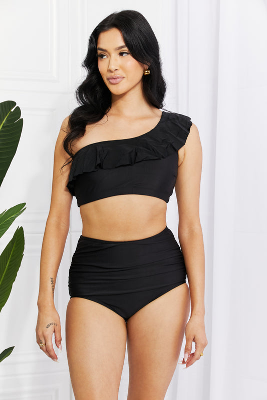 Marina West Swim Seaside Romance Ruffle One-Shoulder Bikini in Black - House of Binx 