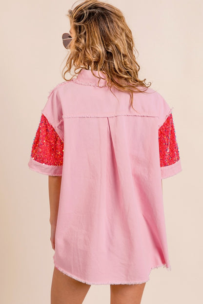 BiBi Sequin Detail Raw Hem Short Sleeve Shirt - House of Binx 