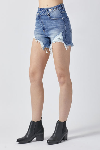 RISEN Raw Hem Asymmetrical Waist Denim Shorts - House of Binx 