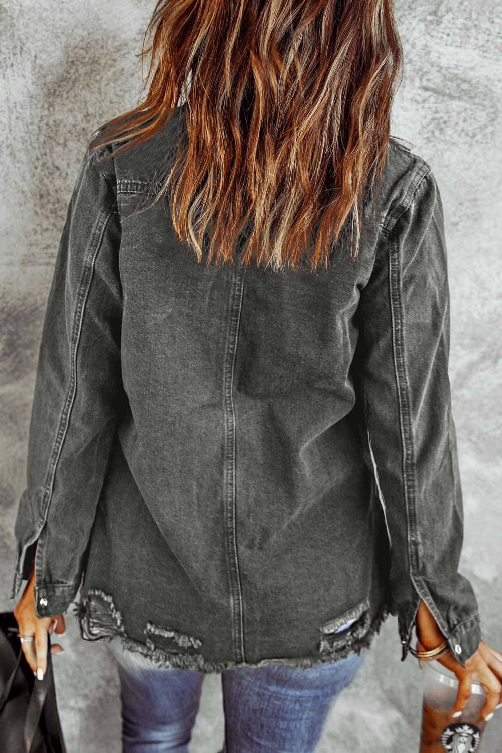 Distressed Raw Hem Snap Down Denim Jacket - House of Binx 