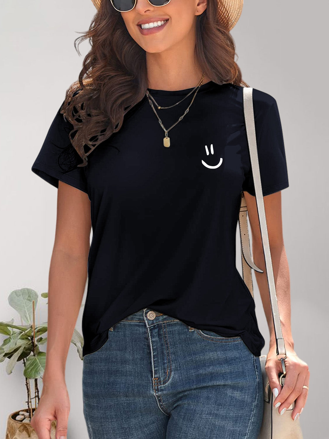 Smile Graphic Round Neck Short Sleeve T-Shirt - House of Binx 
