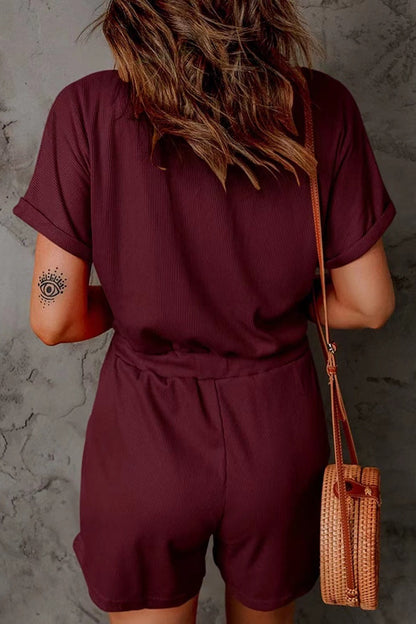 Full Size Drawstring V-Neck Short Sleeve Romper - House of Binx 