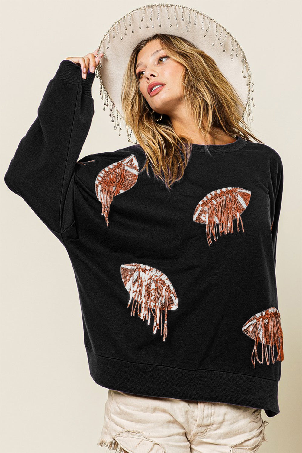 BiBi Sequin Fringe Football Patch Round Neck Sweatshirt - House of Binx 