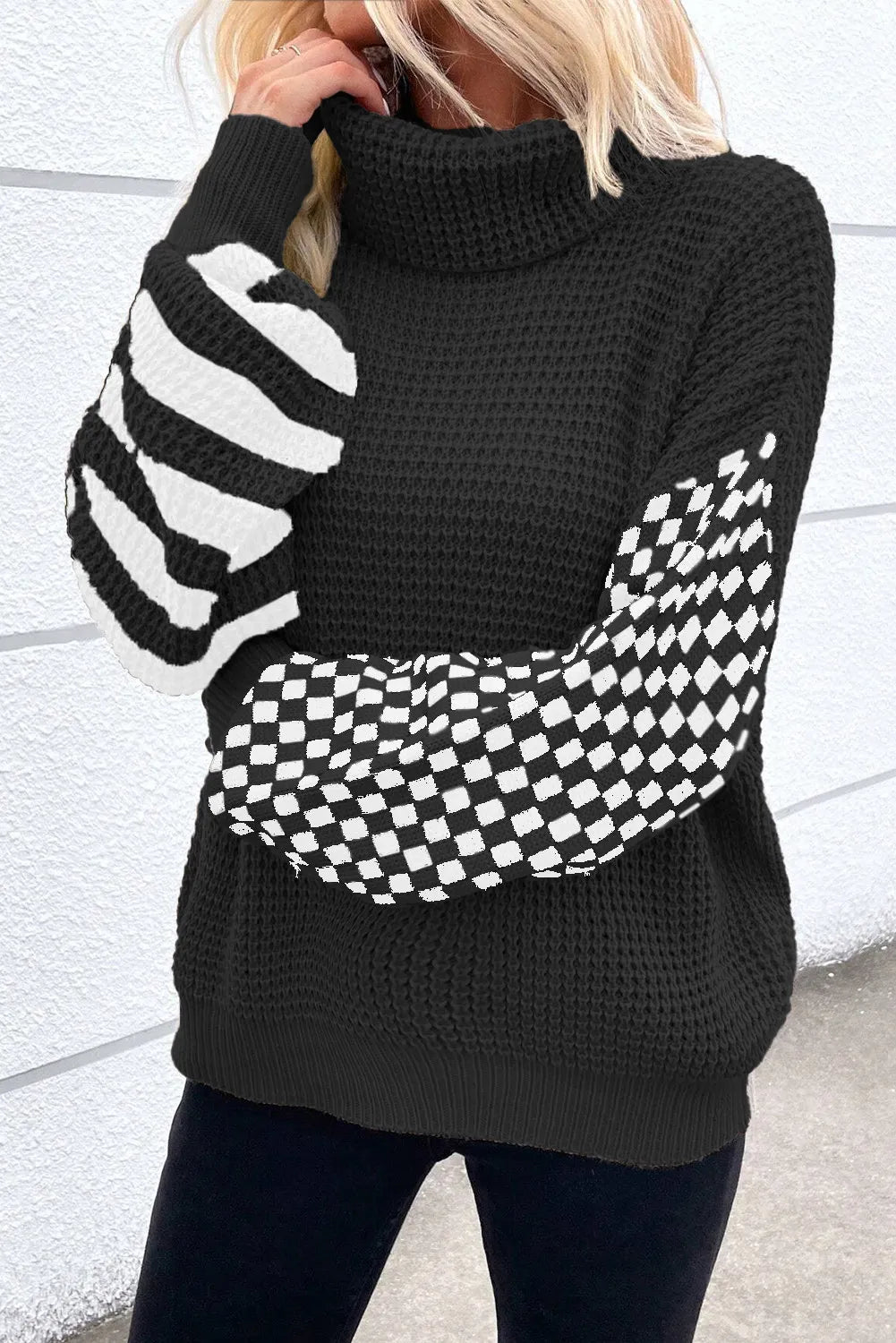 Checkered Striped Turtleneck Long Sleeve Sweater