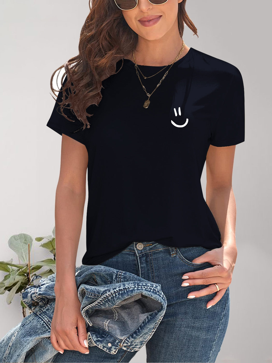 Smile Graphic Round Neck Short Sleeve T-Shirt - House of Binx 