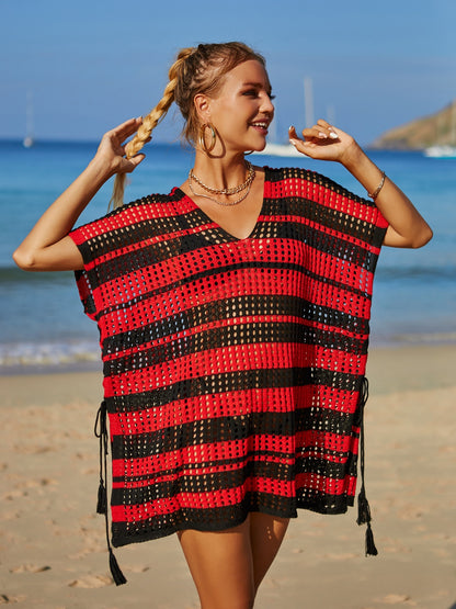 Tassel Openwork Striped V-Neck Cover Up - House of Binx 