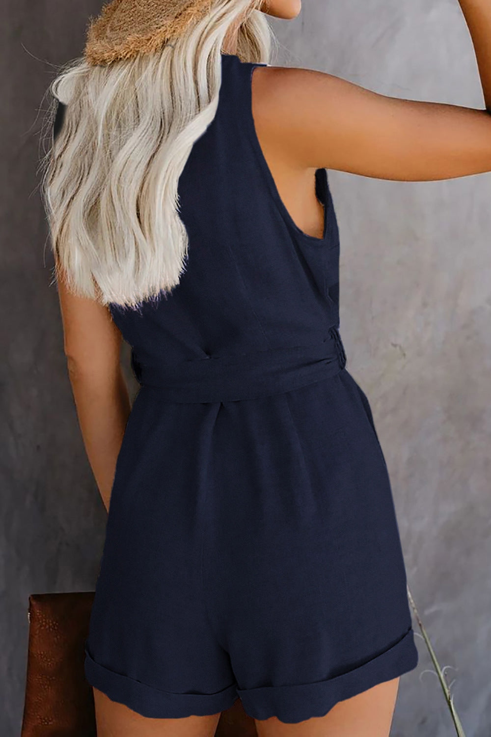 Full Size Tied V-Neck Sleeveless Romper with Pockets - House of Binx 