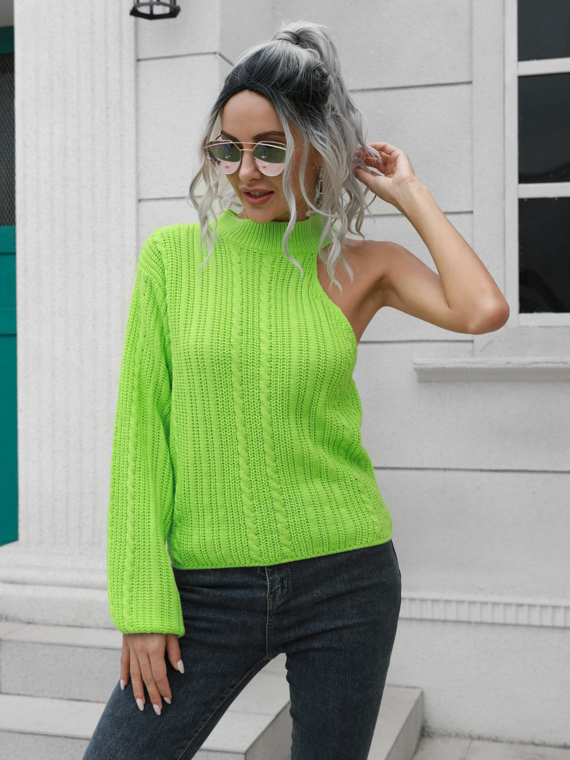 Cable-Knit Round Neck Asymmetrical Sweater