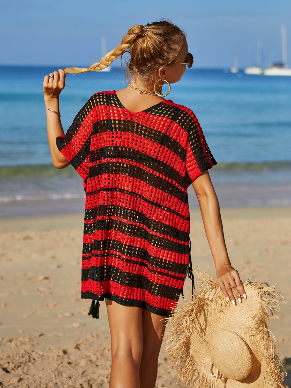 Tassel Openwork Striped V-Neck Cover Up - House of Binx 