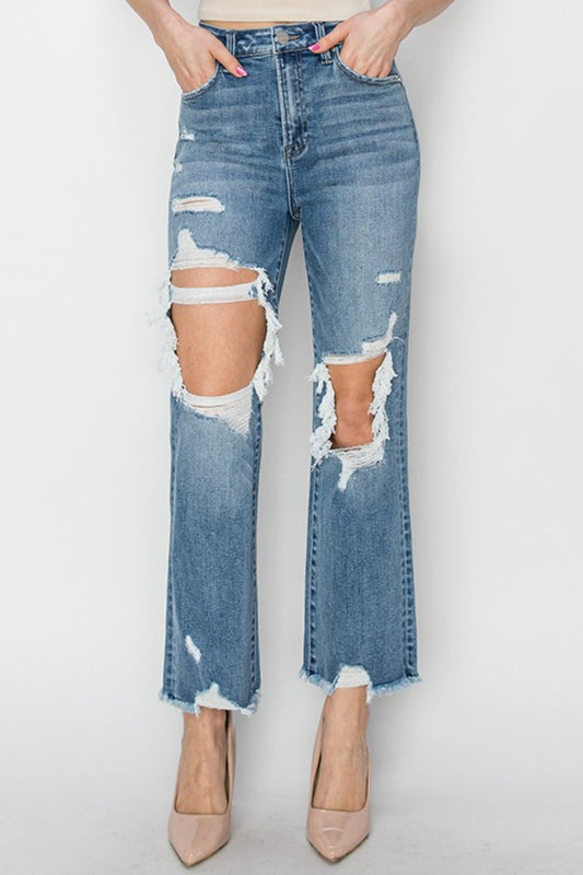RISEN High Rise Distressed Crop Straight Jeans - House of Binx 