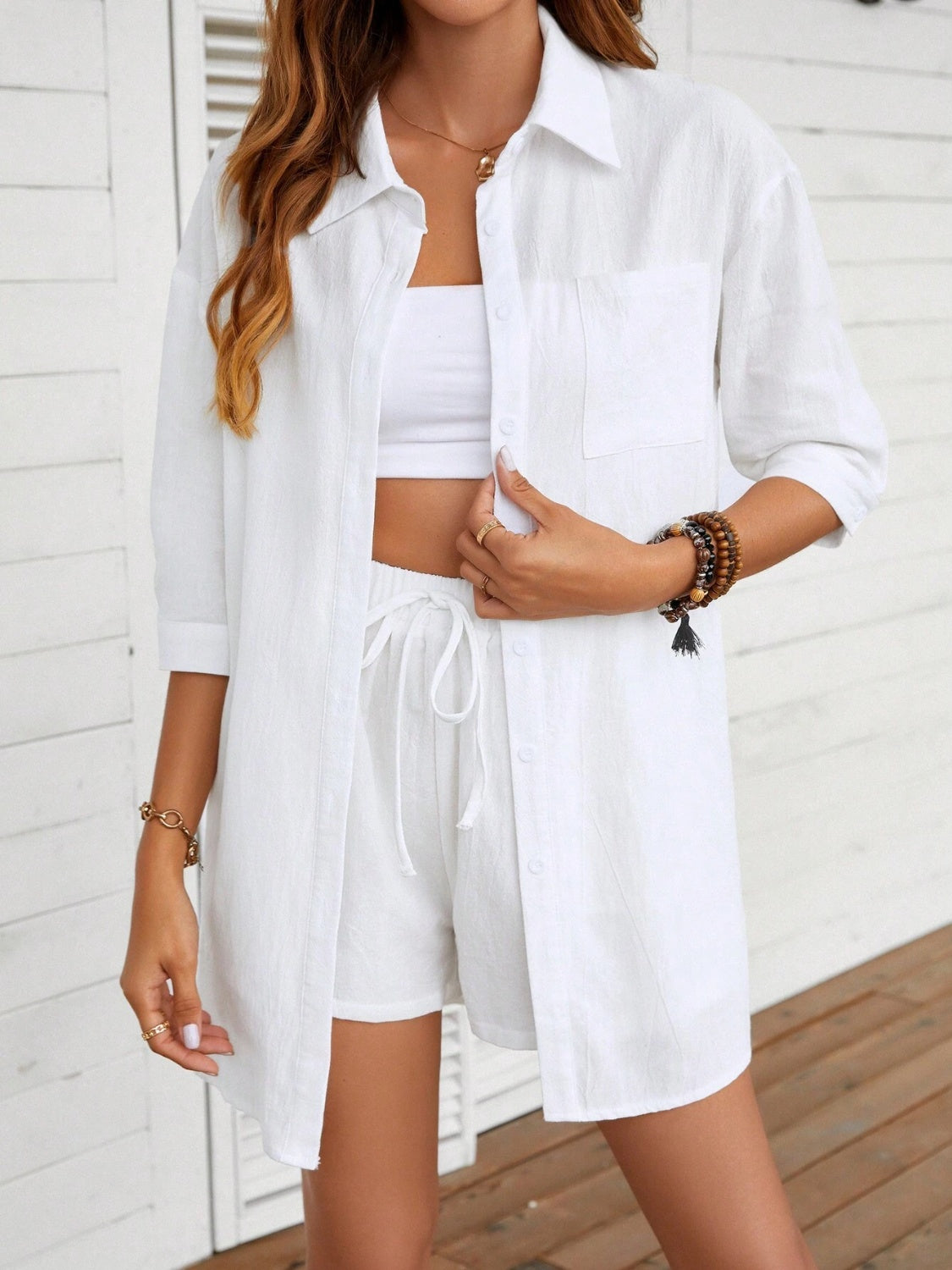 Dropped Shoulder Button Up Shirt and Shorts Set - House of Binx 