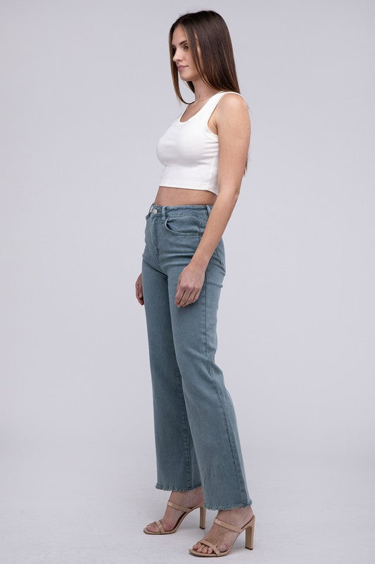 Acid Washed Frayed Cutoff Hem Straight Wide Pants - House of Binx 