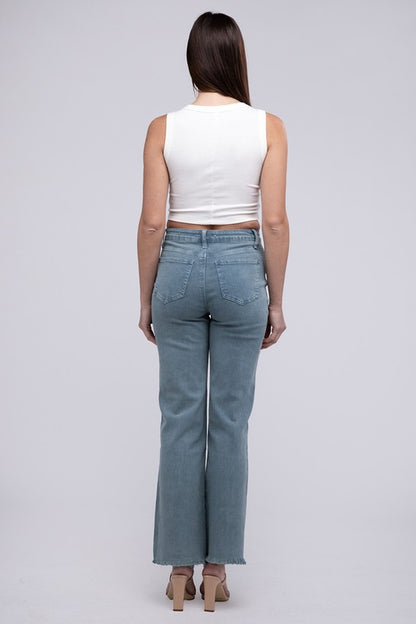 Acid Washed Frayed Cutoff Hem Straight Wide Pants - House of Binx 