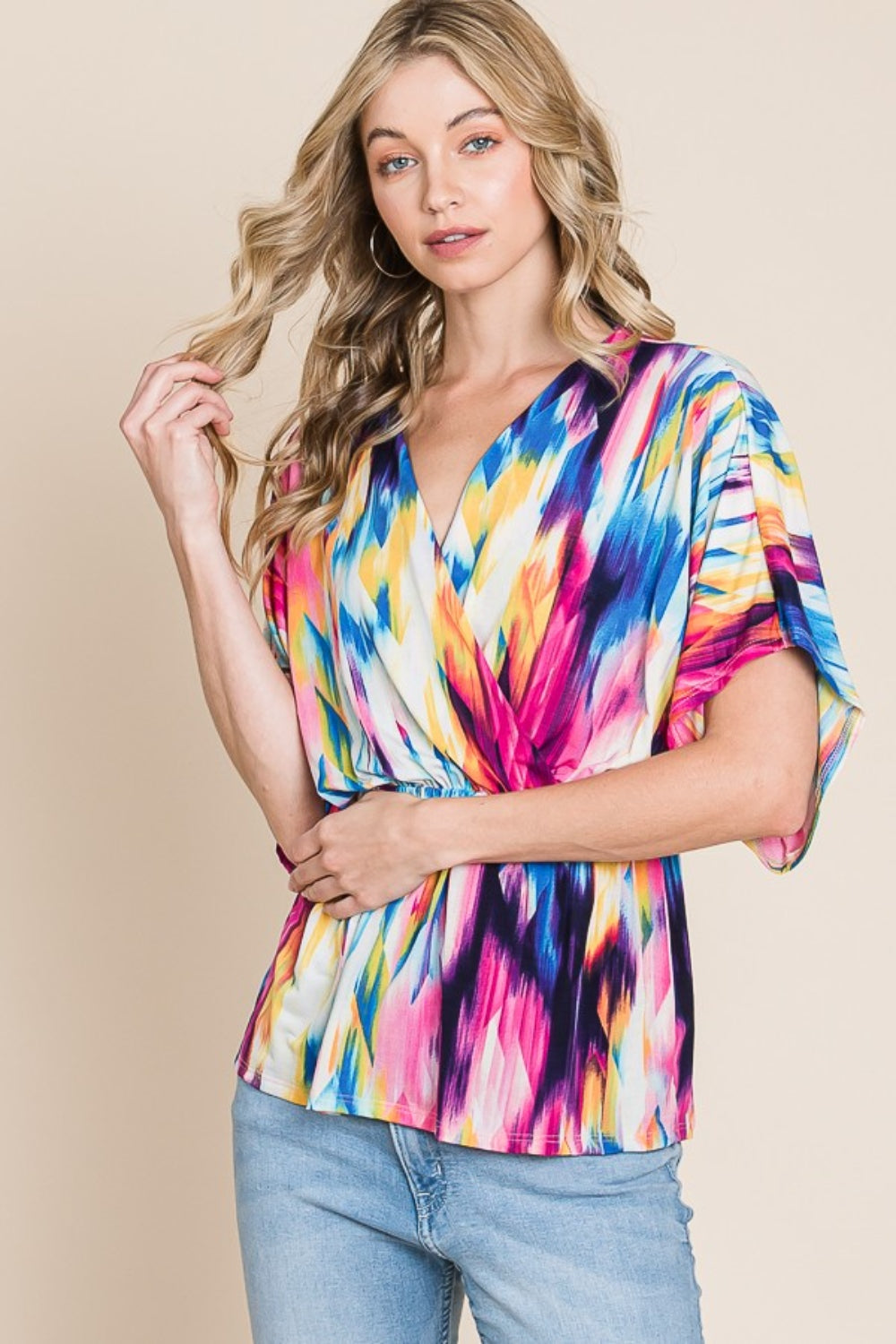 BOMBOM Printed Surplice Peplum Blouse - House of Binx 