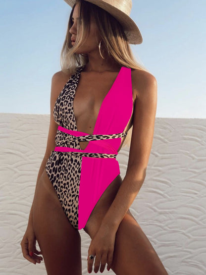 Tied Leopard Plunge One-Piece Swimwear - House of Binx 