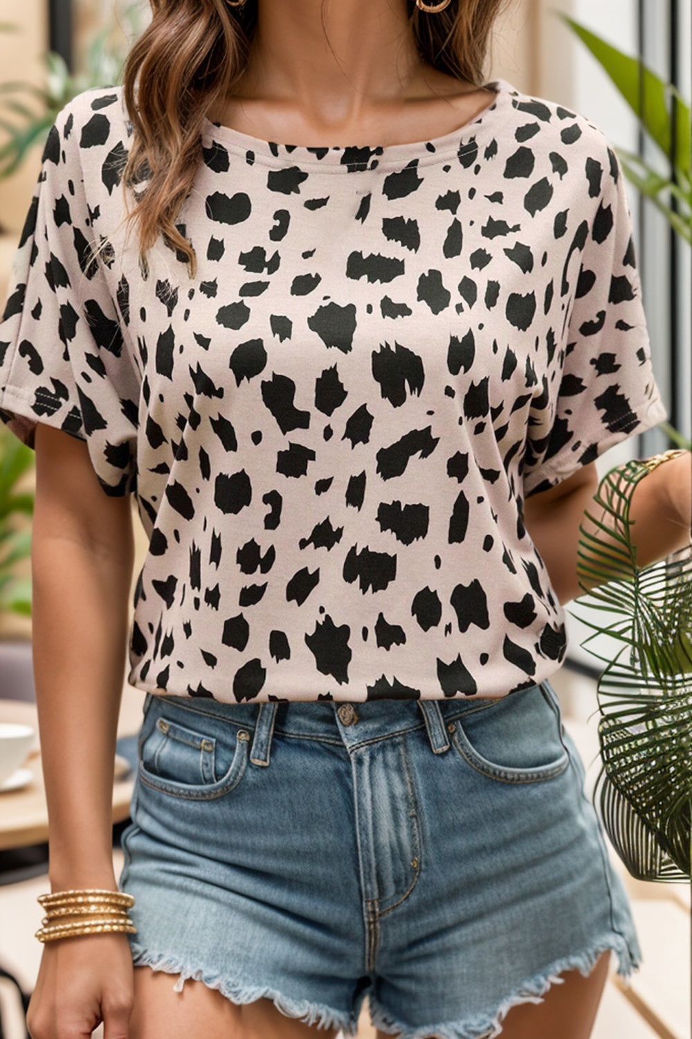 Backless Printed Boat Neck Short Sleeve Blouse - House of Binx 