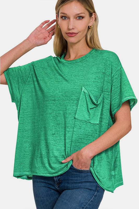 Zenana Pocketed Round Neck Dropped Shoulder T-Shirt - House of Binx 