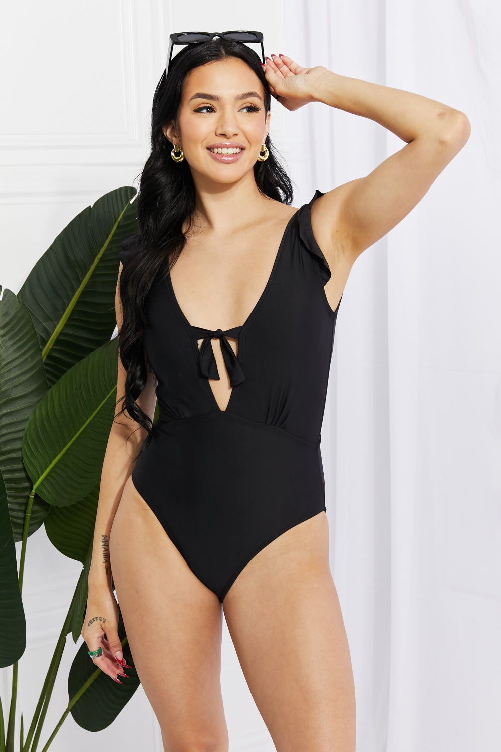 Marina West Swim Seashell Ruffle Sleeve One-Piece in Black - House of Binx 