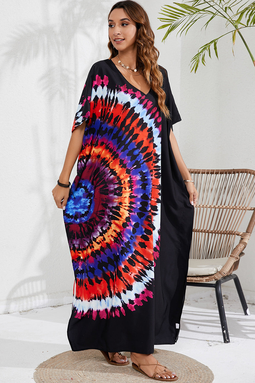 Slit Printed V-Neck Short Sleeve Cover Up - House of Binx 