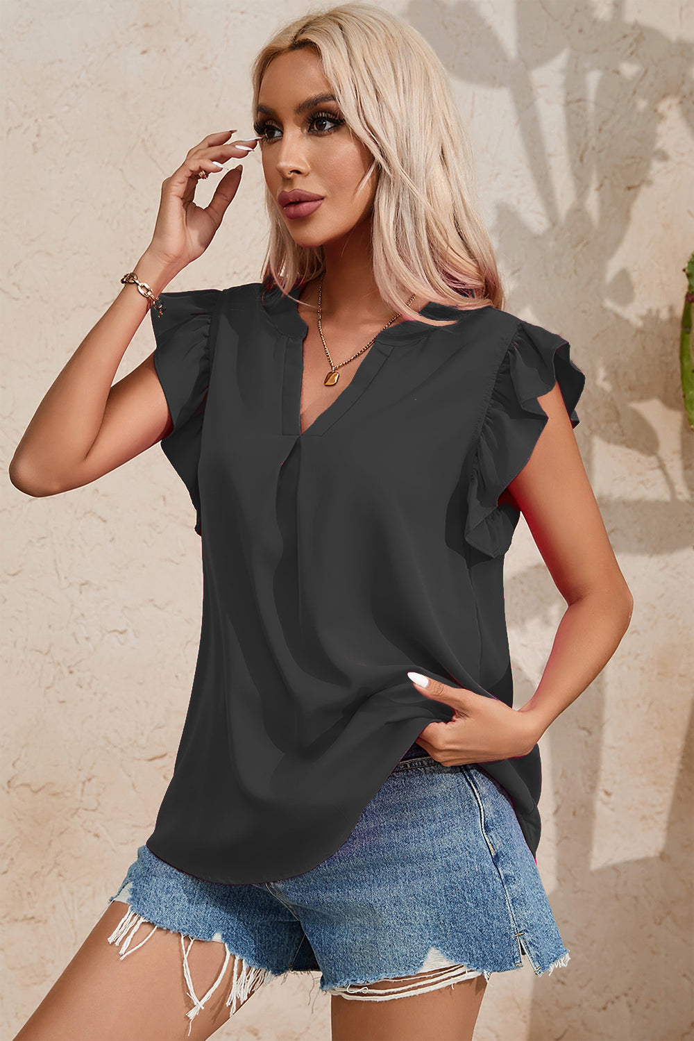 Ruffled Notched Cap Sleeve Blouse - House of Binx 