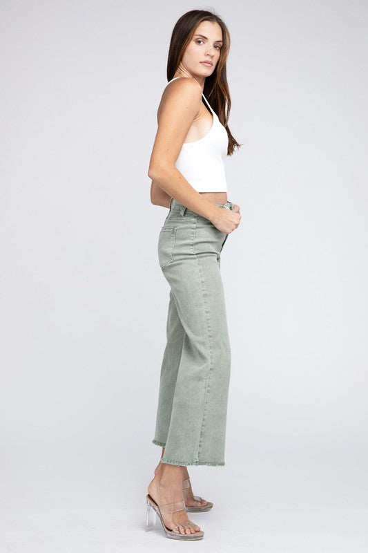 Acid Wash Frayed Cutoff Hem Straight Wide Pants - House of Binx 