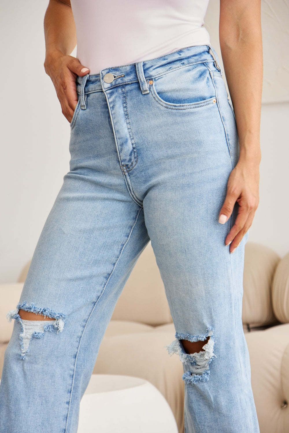 RFM Full Size Tummy Control High Waist Raw Hem Distressed Jeans - House of Binx 